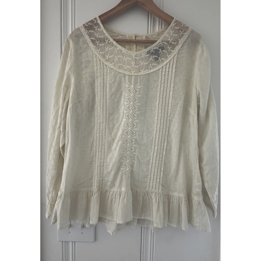 Boho Cottagecore Embroidered Blouse Womens M Cream Lace Ruffle Peasant Top
